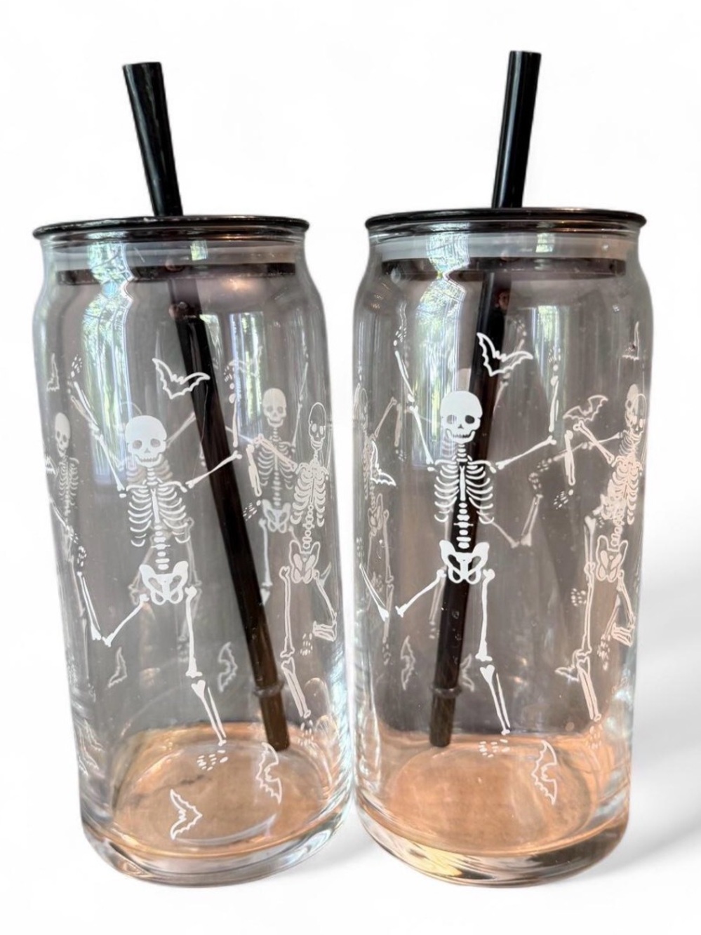 Glass Tumbler Set with White Skeletons and Black Straws Halloween